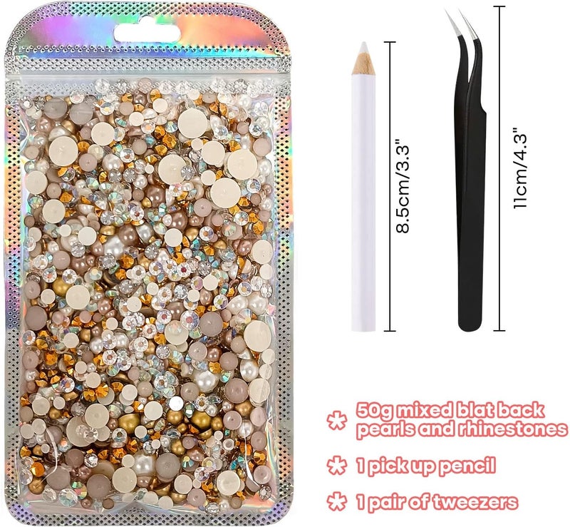 ASTARON 50g Mix Flatback Rhinestones Half Pearls for Craft Mixed Size 3mm-10mm Flat Back Rhinestones for Crafts Flatback Pearls for DIY Tumblers Mugs Nail Art Shoes Clothes (Champagne Gold Series) - Image 2